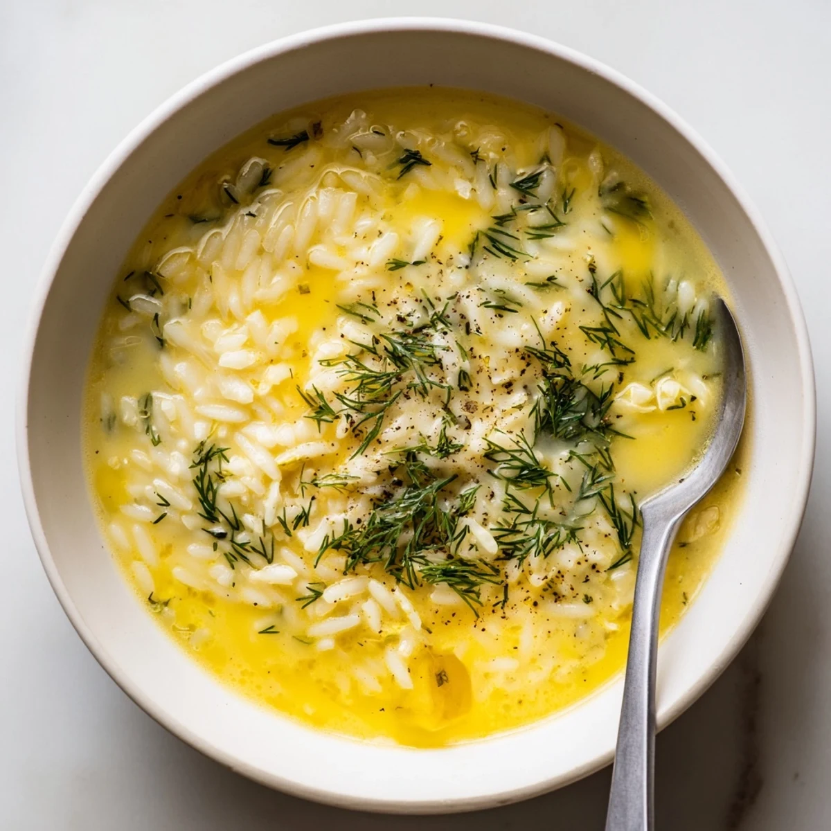 Golden bowl of avgolemono soup featuring tender rice in silky lemon chicken broth