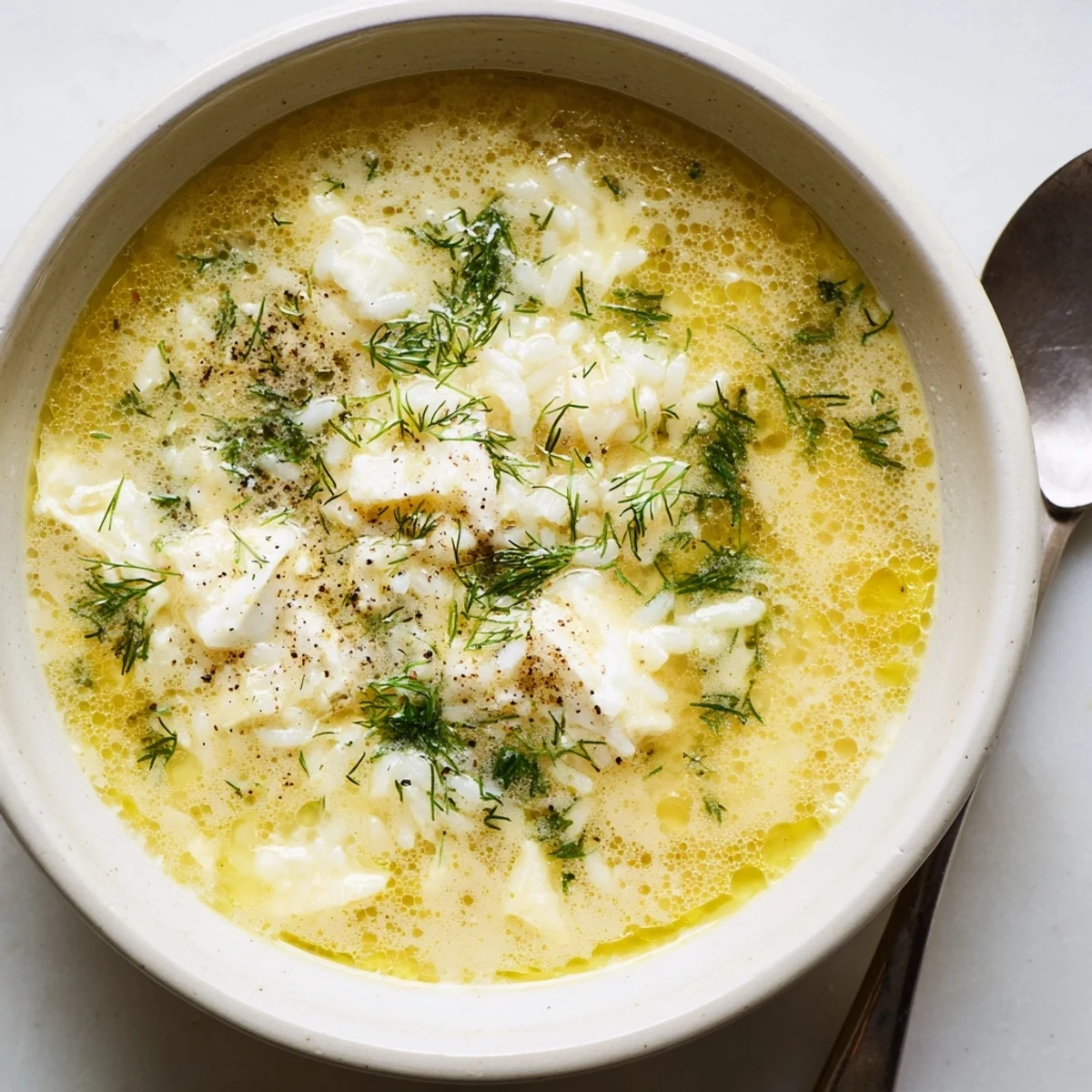 Creamy Greek egg and lemon soup garnished with fresh chopped dill in white bowl