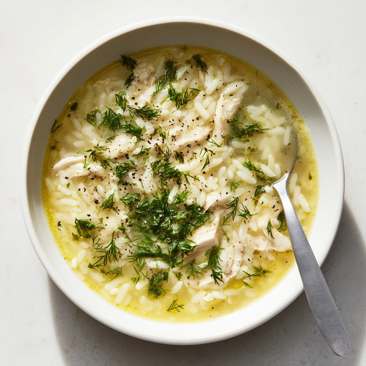 Steam rising from authentic Greek egg and lemon soup with fluffy rice and herbs