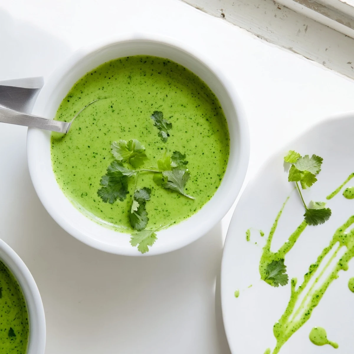 Vibrant green Thai cilantro sauce drizzled over grilled chicken with fresh lime wedges