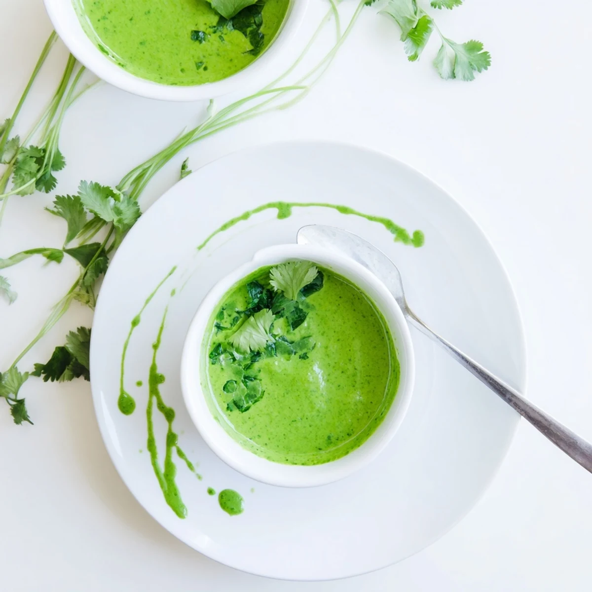 Creamy Thai cilantro sauce in a glass bowl surrounded by chopped herbs and chilies