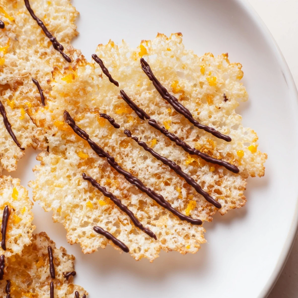Golden brown crispy orange lace cookies with delicate lacy edges on a cooling rack