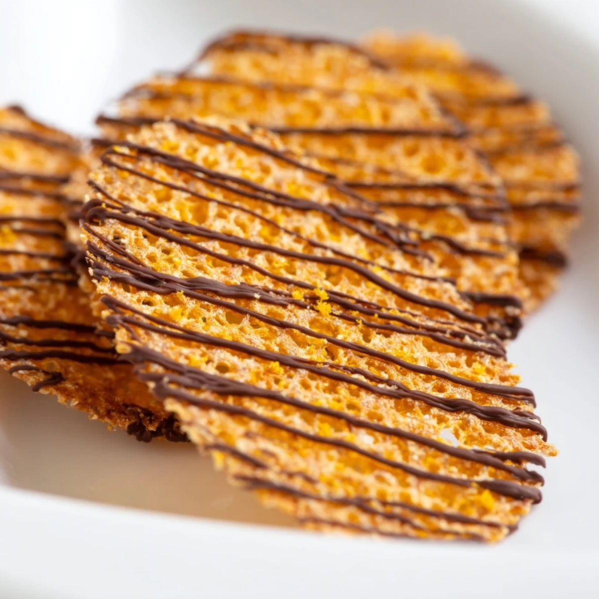 Thin orange lace cookies baked to golden perfection with visible citrus zest speckles