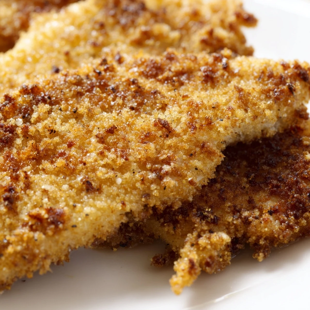 Plate of crispy spicy jalapeño chicken breasts showcasing golden brown breading flecked with jalapeño pieces
