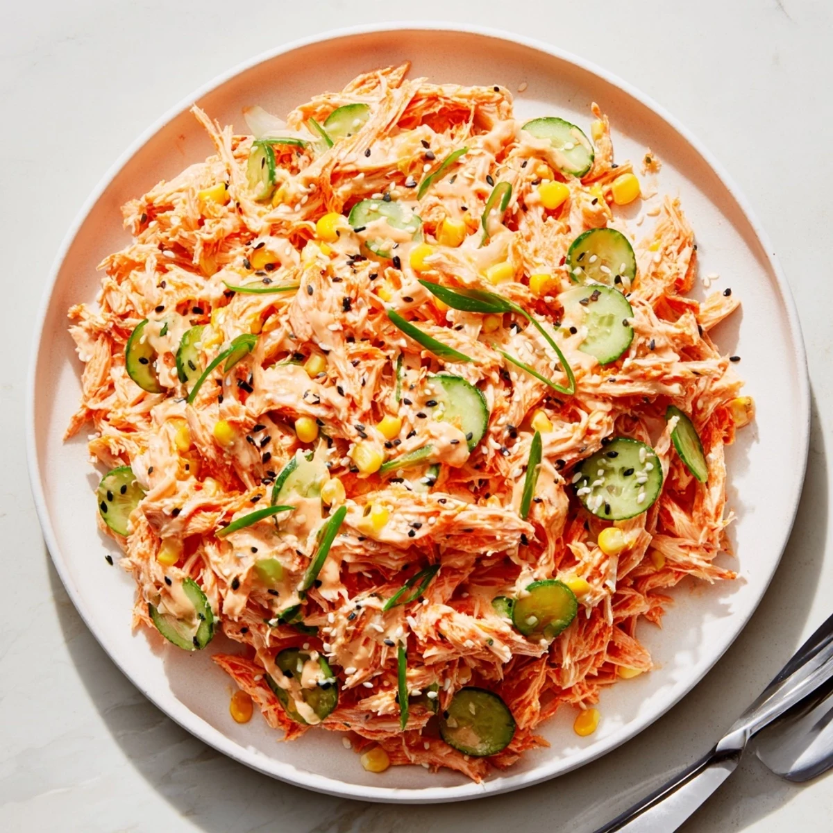 Fresh spicy kani salad bowl with shredded crab, crisp cucumber and carrot in creamy Sriracha mayo