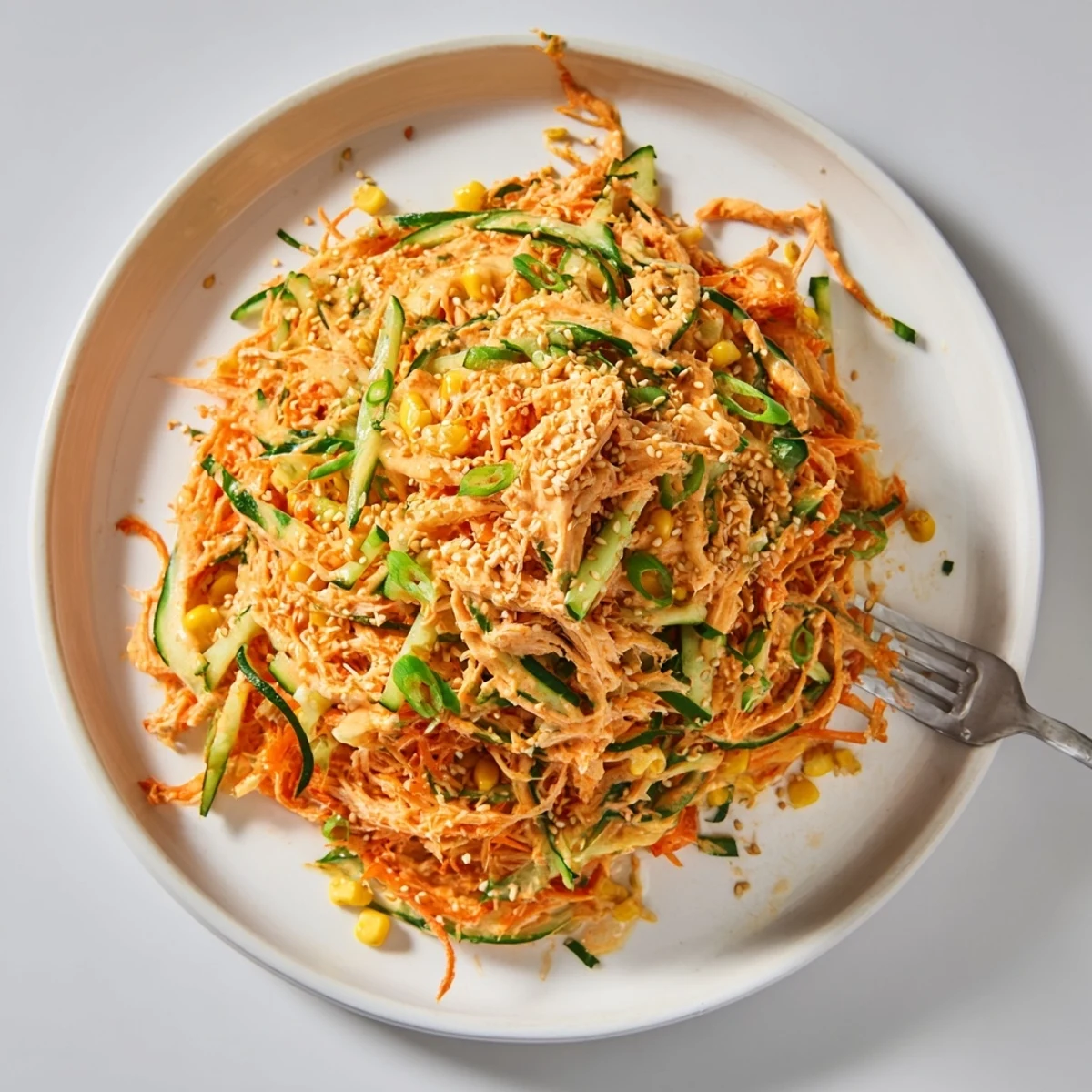 Japanese-inspired spicy kani salad featuring julienne vegetables tossed in spicy mayonnaise dressing with sesame seeds