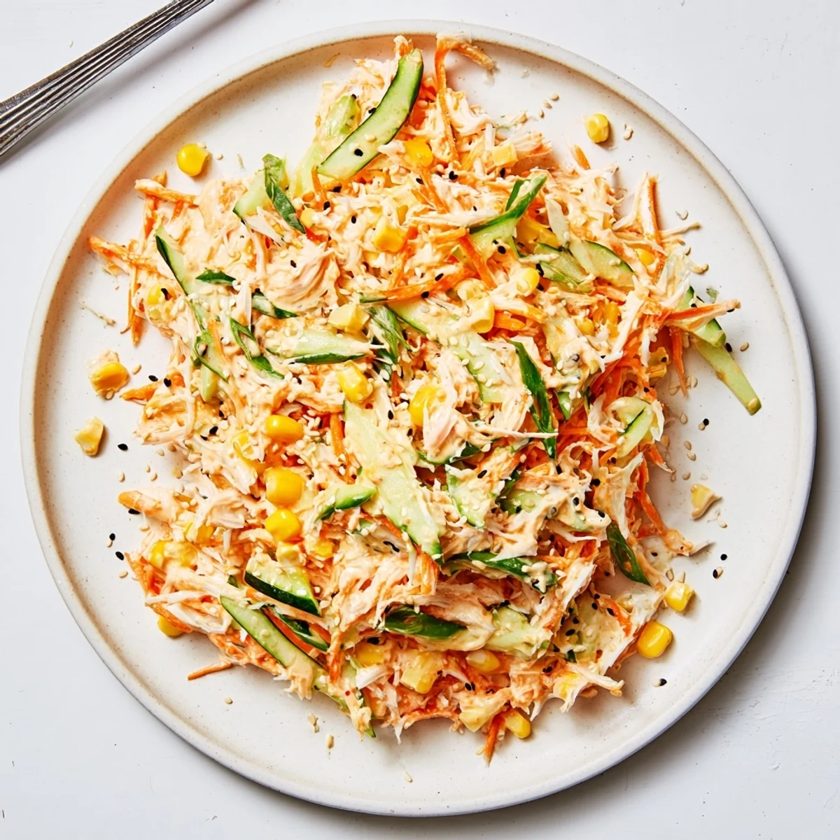 Creamy spicy kani salad with imitation crab sticks and colorful vegetables garnished with green onions