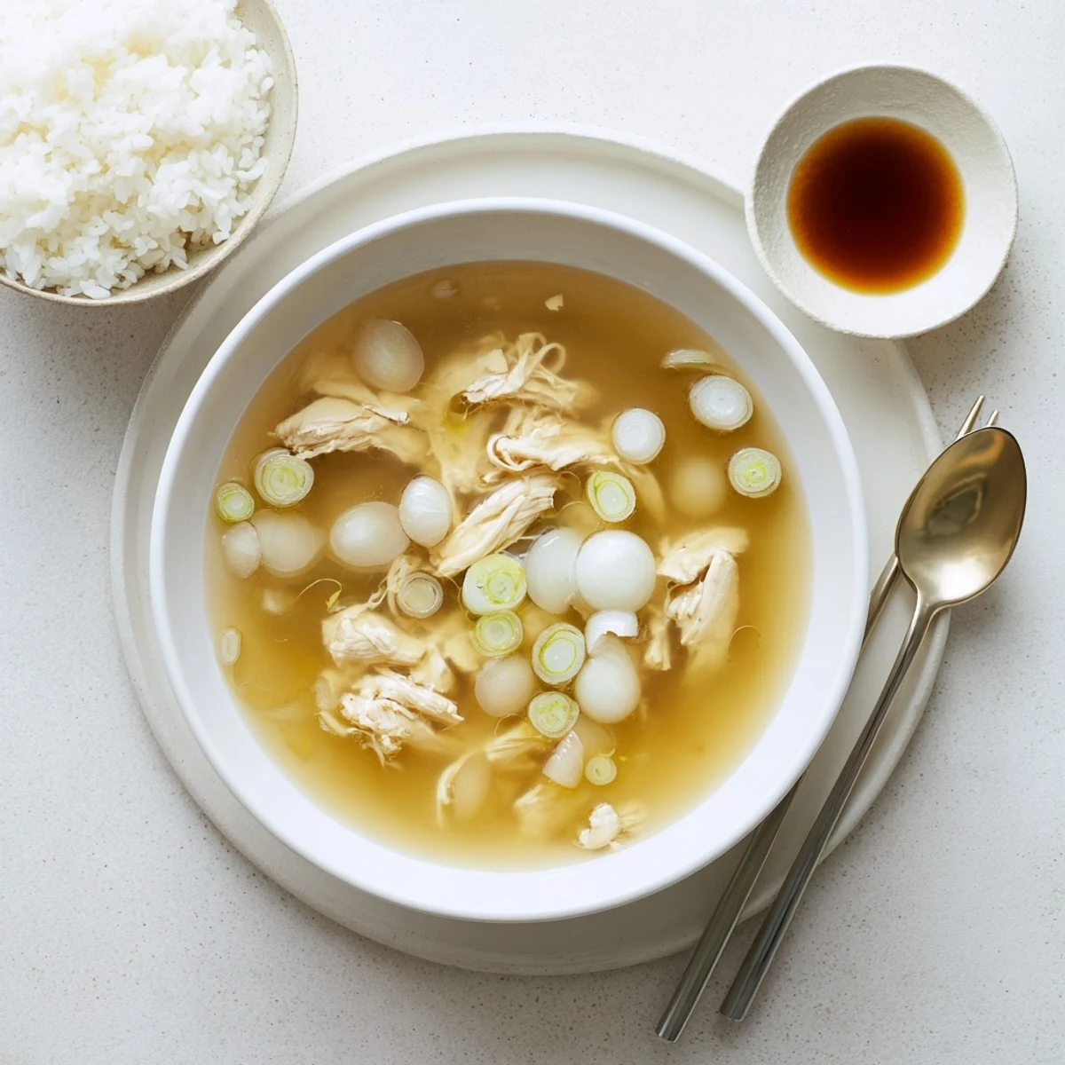 Golden Dakgomtang Korean chicken soup garnished with fresh green onions in a white bowl