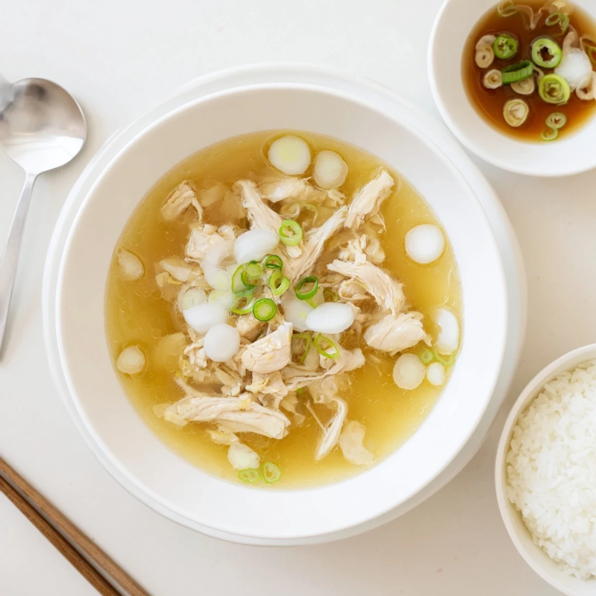 Steaming Dakgomtang soup featuring tender shredded chicken in clear broth with sesame seed topping