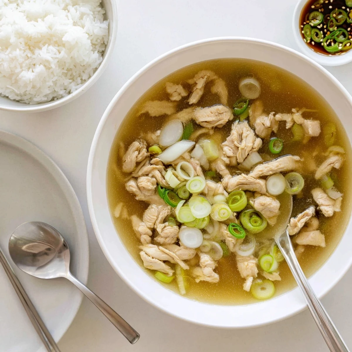 Comforting Dakgomtang Korean whole chicken soup served hot with scallions and dipping sauce