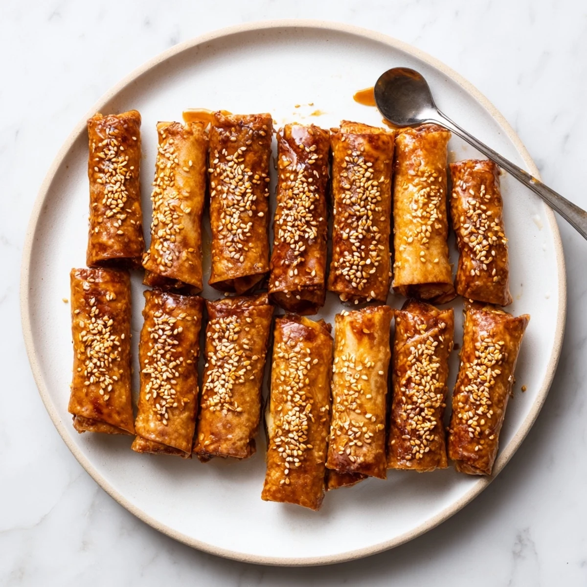 Golden Moroccan honey almond cigars arranged on a serving platter with sesame seed garnish
