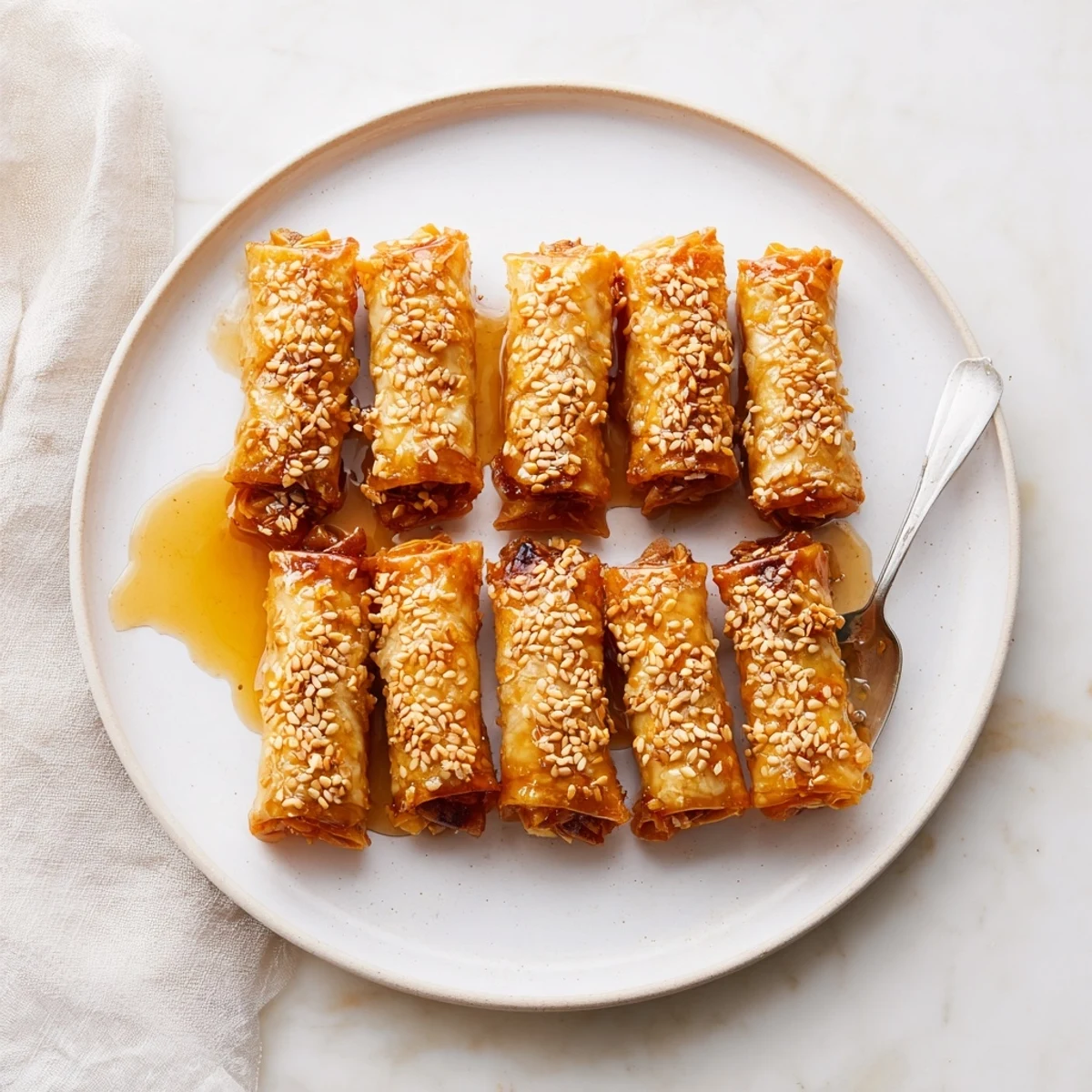 Homemade Moroccan dessert featuring cigar-shaped phyllo pastries coated in sweet orange blossom honey glaze