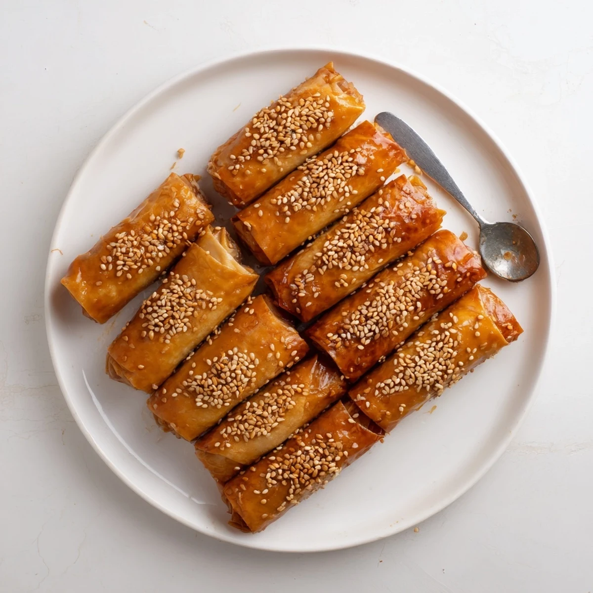 Crisp pastry rolls filled with fragrant almond paste drizzled with luscious warm honey syrup