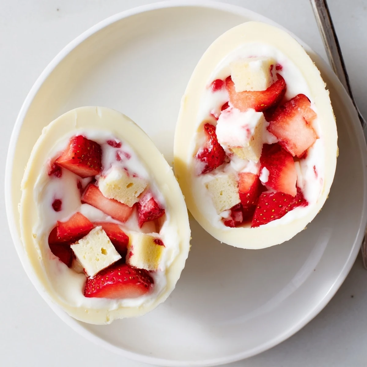 White chocolate Easter egg bomb filled with fluffy strawberry shortcake and fresh whipped cream