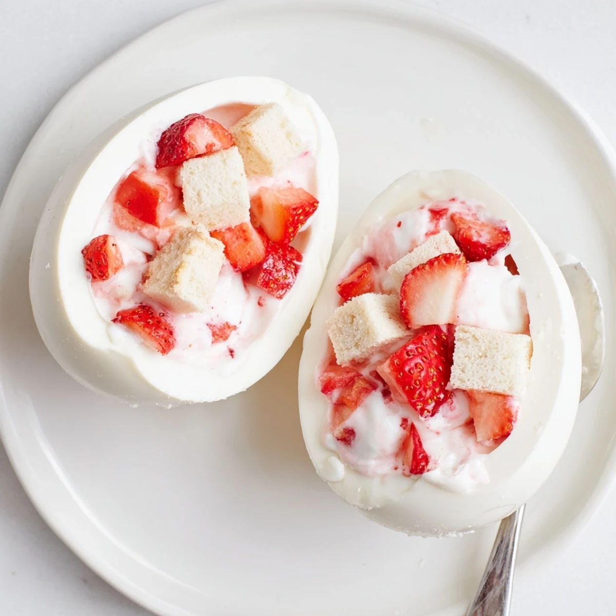 Festive dessert bomb showcasing layers of sweet strawberries and cake inside a creamy white chocolate shell