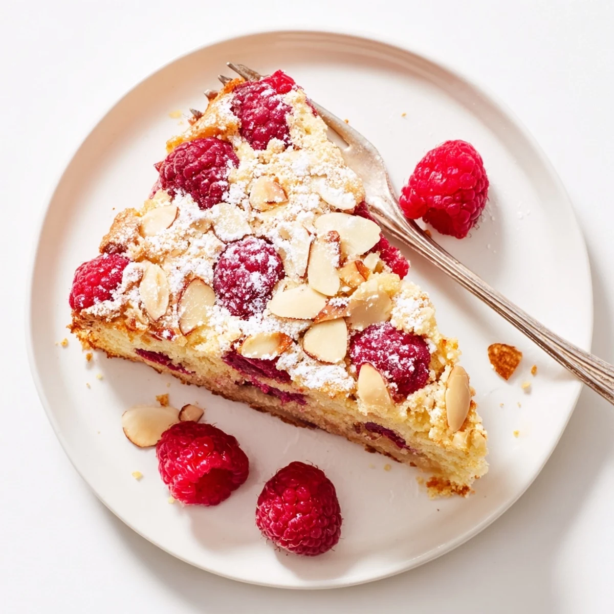 Golden almond raspberry cake dusted with powdered sugar and topped with fresh red raspberries