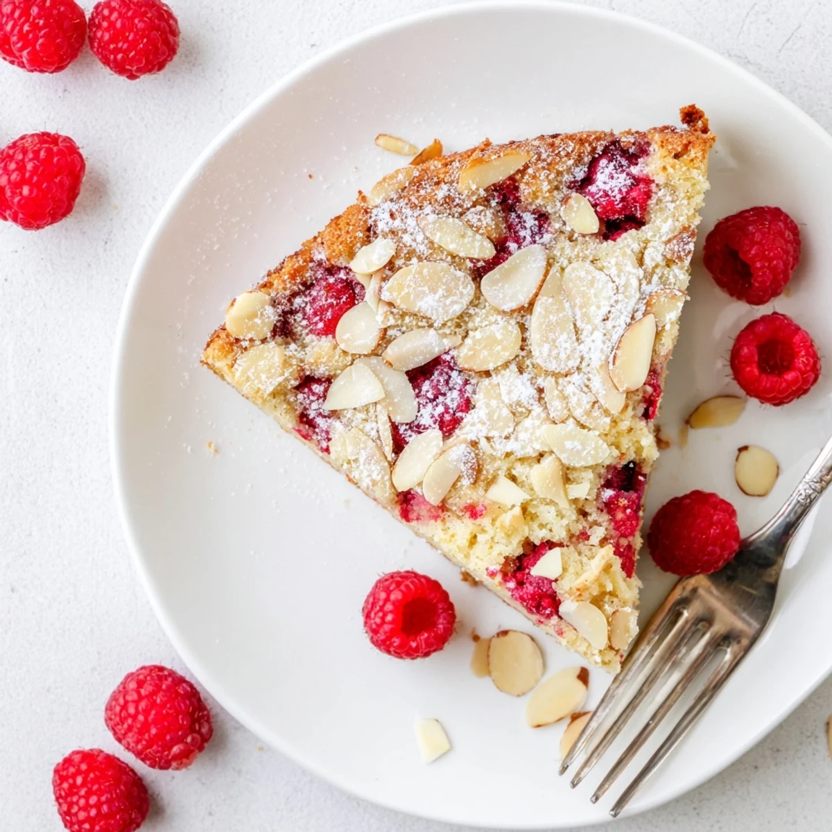 Moist almond raspberry cake slice with juicy baked berries and toasted almond topping