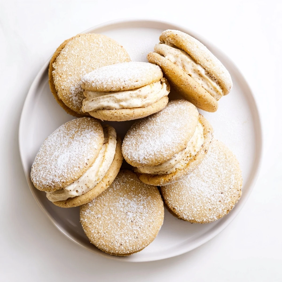 Golden chai shortbread cookie sandwiches stacked with creamy spiced filling and dusted with powdered sugar