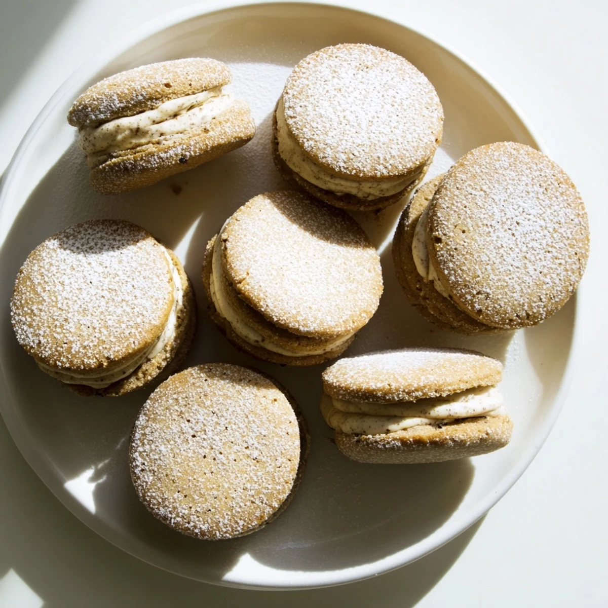 Two buttery chai shortbread cookies sandwiched together with vanilla spice frosting on a rustic wooden board