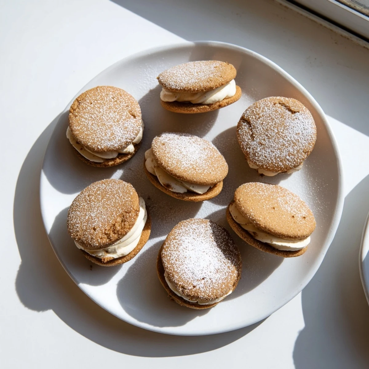 Close up of crumbly chai shortbread cookie sandwiches filled with warm cinnamon cardamom cream filling