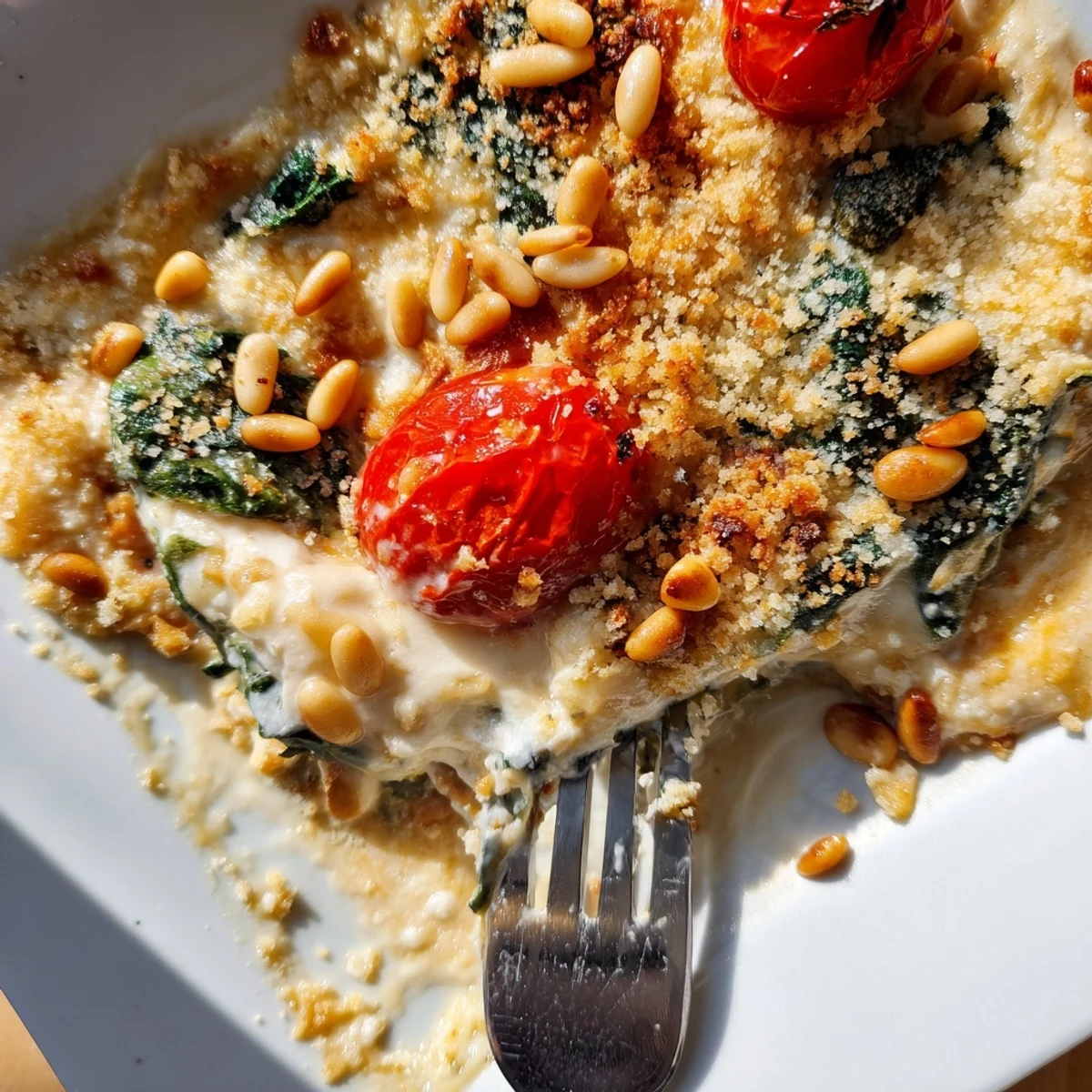 Vegetarian Mediterranean casserole featuring wilted spinach in rich ricotta cream sauce with crunchy pine nut garnish
