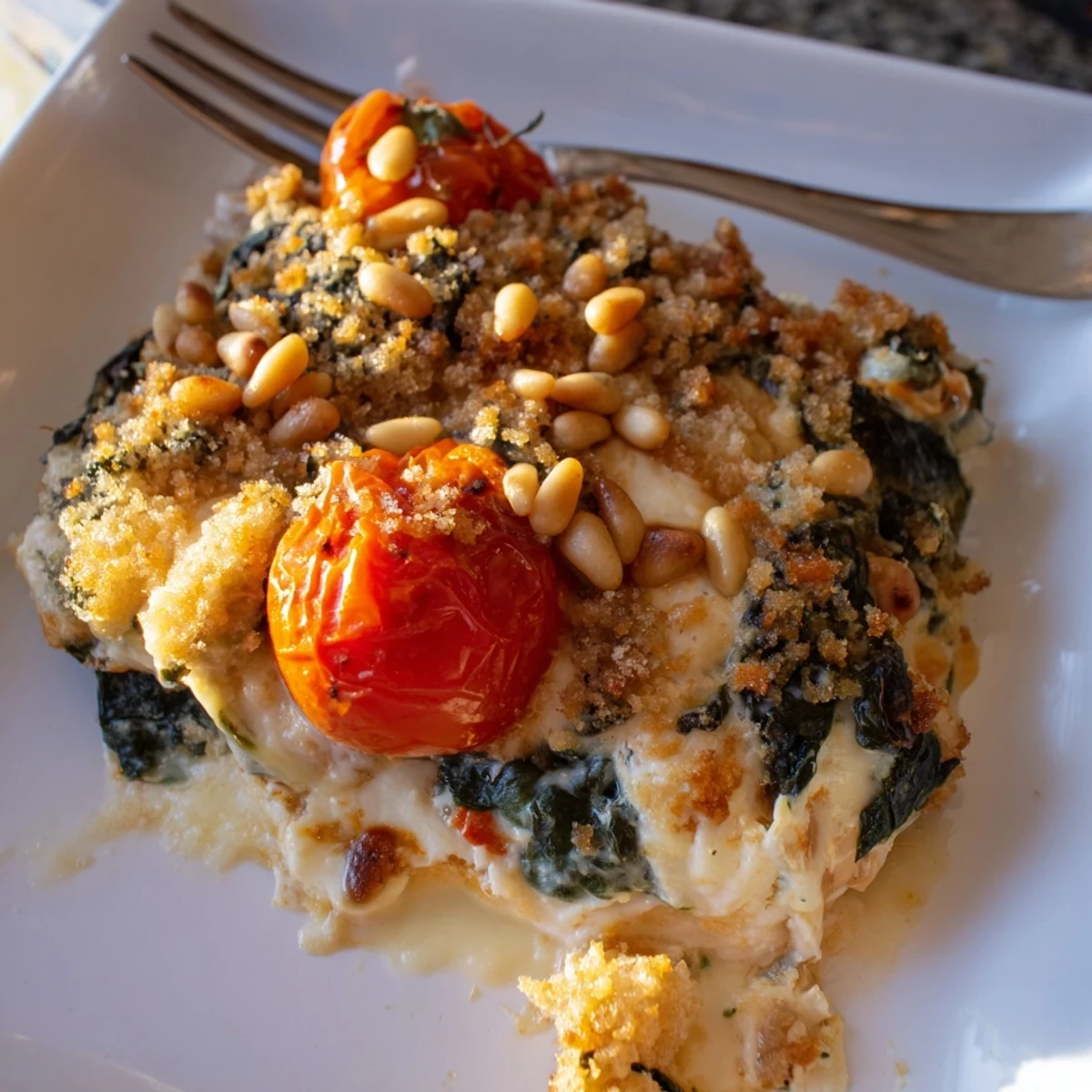 Golden creamy tomato spinach and pine nut bake topped with toasted nuts and juicy cherry tomatoes
