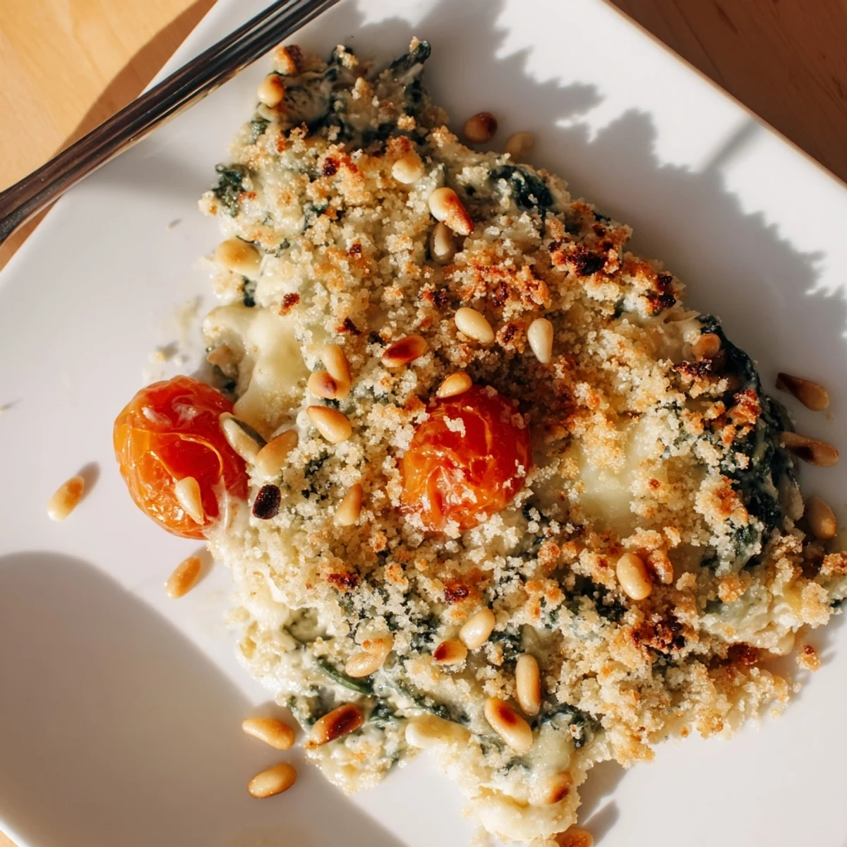 Baked cheesy tomato and spinach dish with golden browned parmesan crust and scattered roasted pine nuts
