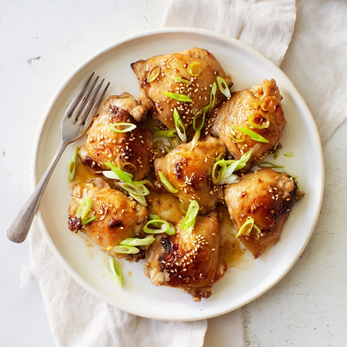 Golden oven-roasted Five Spice Chicken thighs with crispy caramelized skin and scallion garnish
