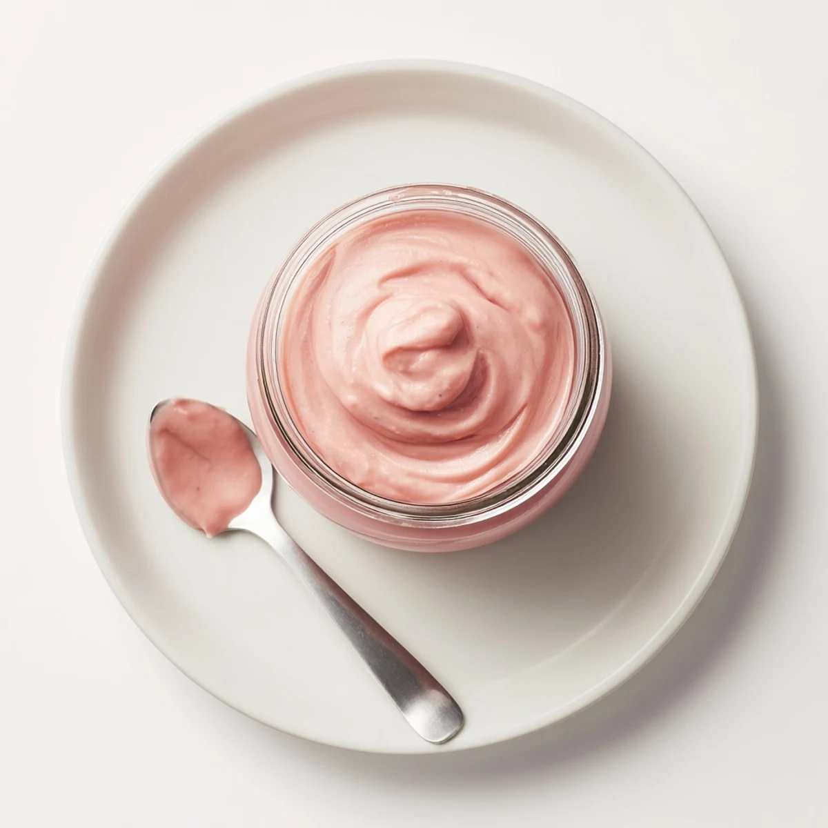 Golden jar filled with creamy homemade pink lemon curd spread with a spoon