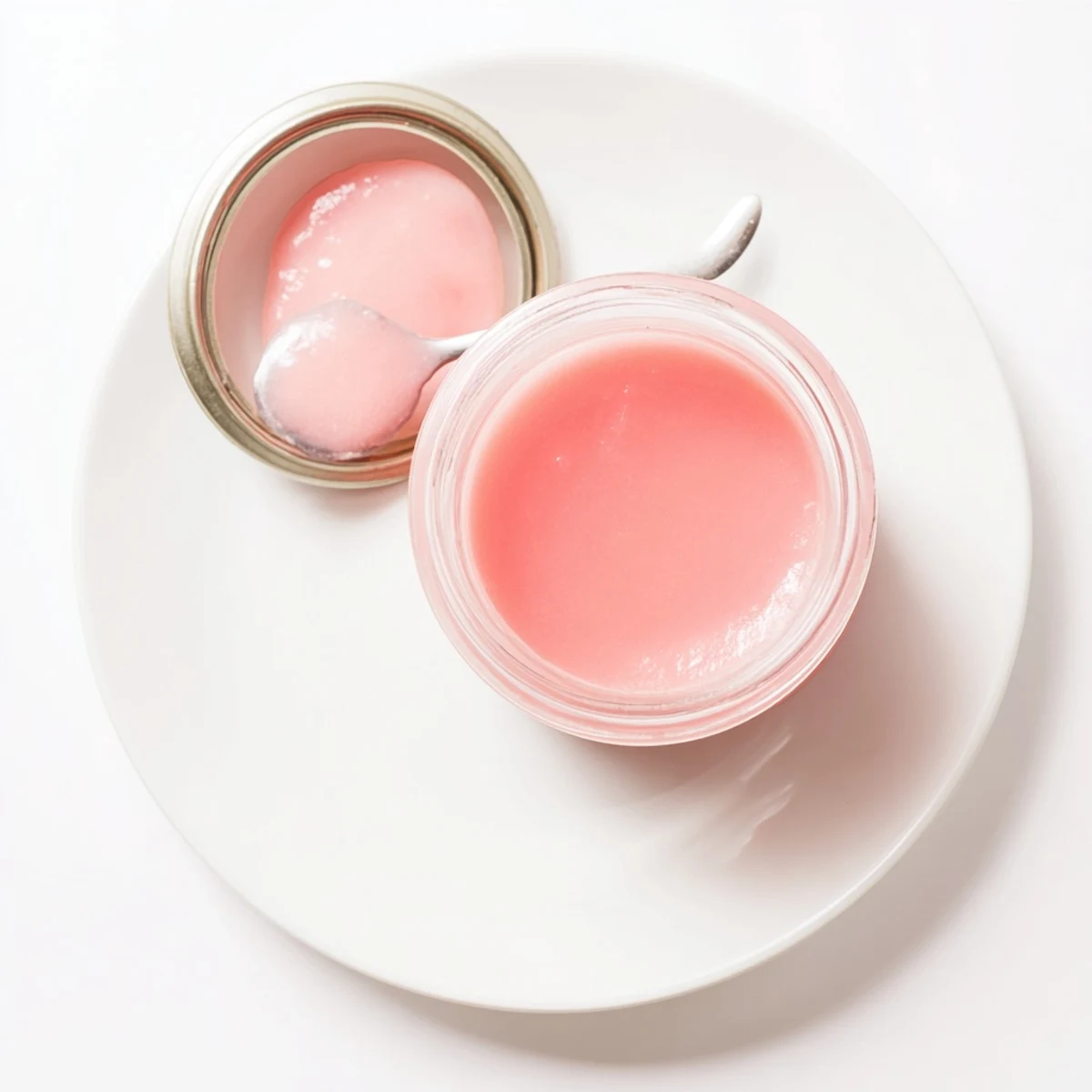 Small glass bowl of vibrant pink lemon curd topped with raspberry swirl accents