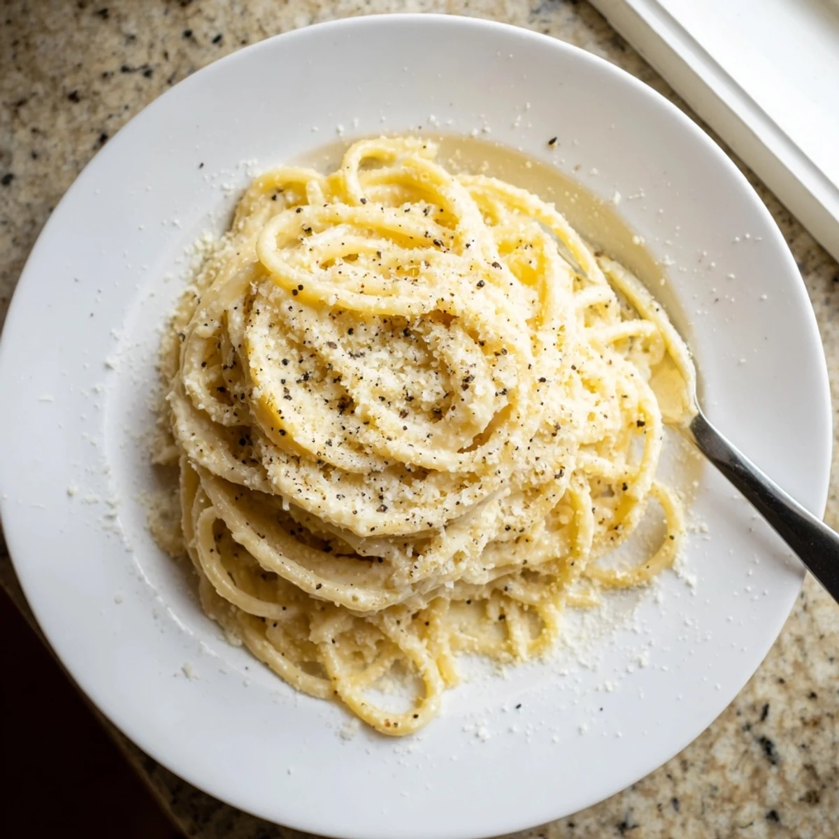 Plate of Cacio e Pepe featuring glossy spaghetti strands in a rich peppery cheese sauce
