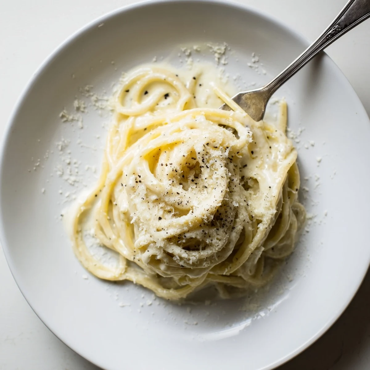 Classic Roman Cacio e Pepe pasta dish with al dente noodles and aromatic black pepper crust