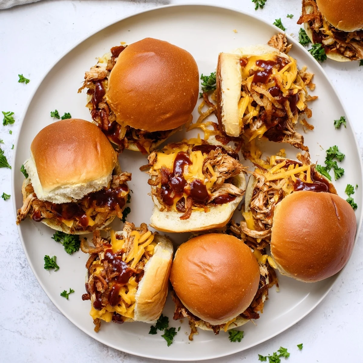 Golden baked Mississippi Mud Chicken Sliders topped with melted cheddar and crispy fried onions on buttery toasted buns