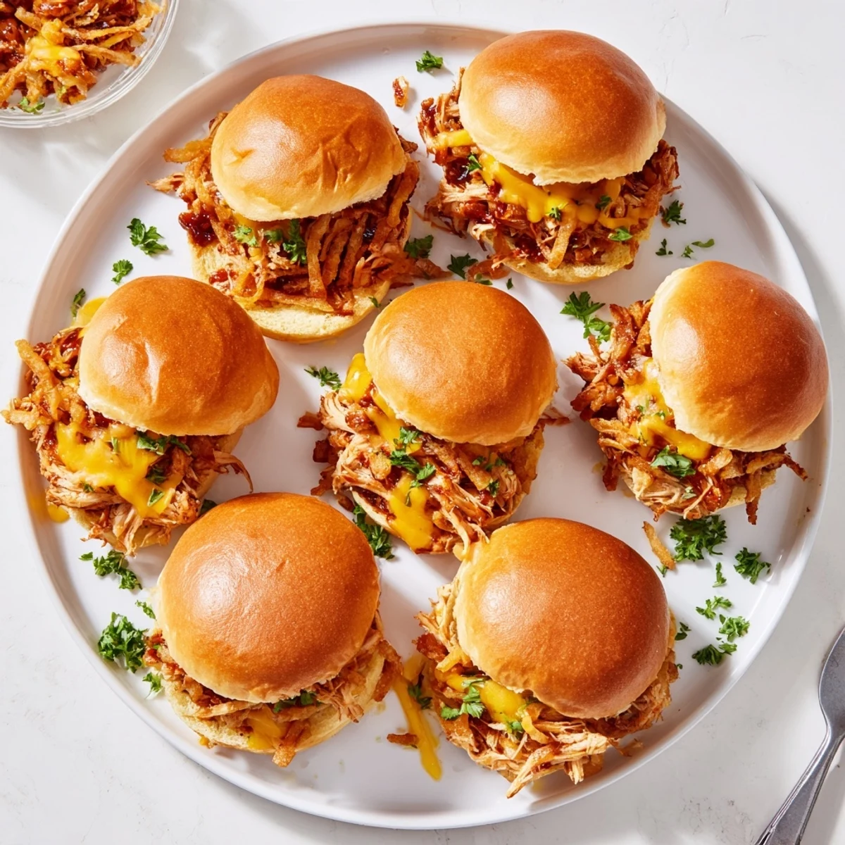 Juicy barbecue shredded chicken piled on slider rolls with gooey cheese and crunchy onion garnish, ready for game day parties