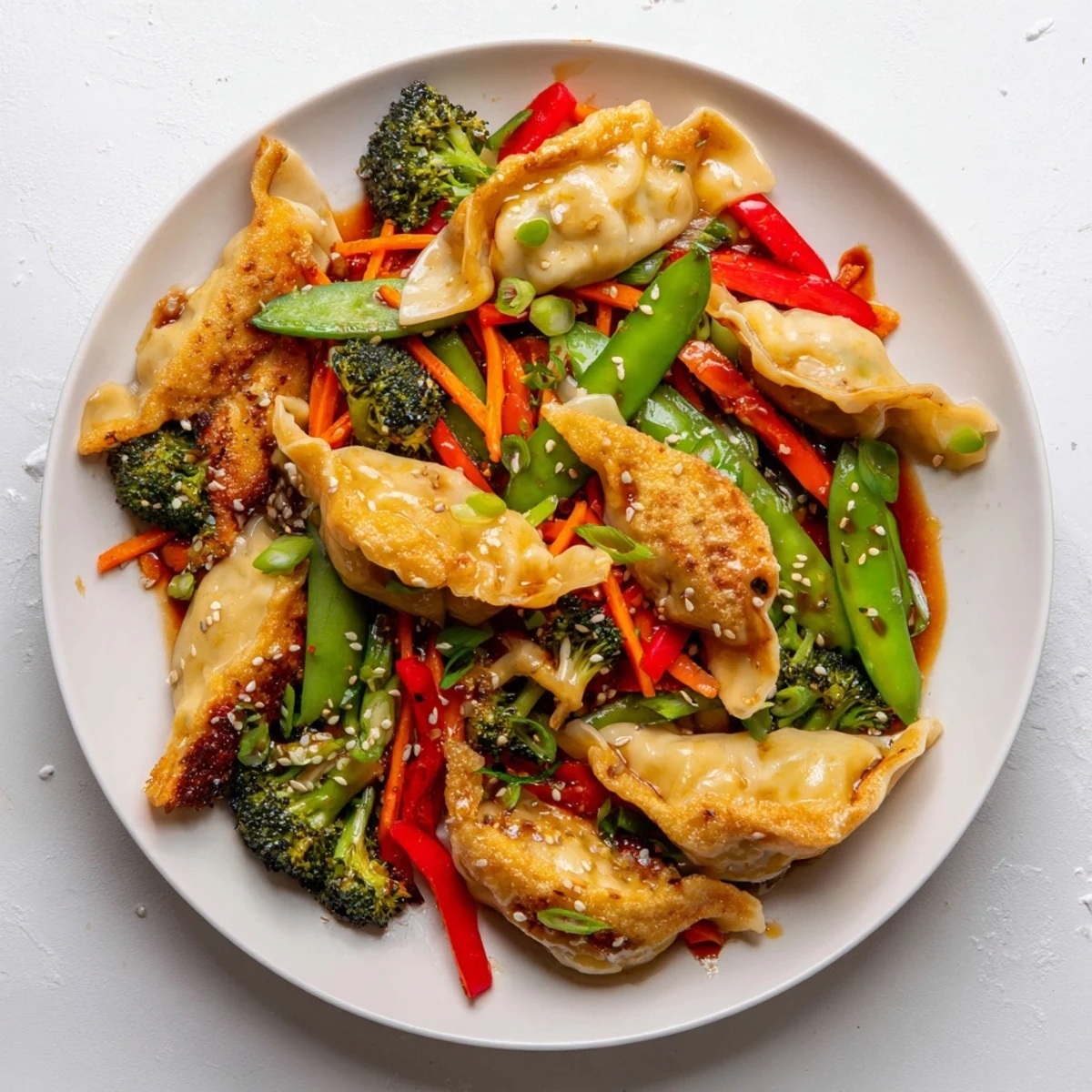 Vibrant bowl of vegetable dumpling stir fry with snap peas and savory garlic glaze