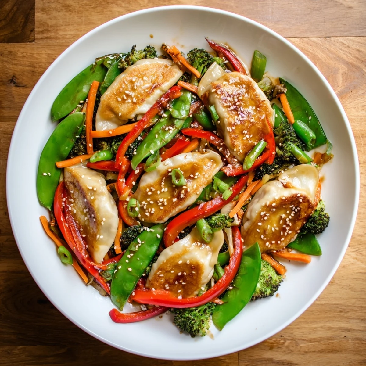 Golden pan-fried dumpling stir fry with colorful vegetables coated in glossy garlic sauce