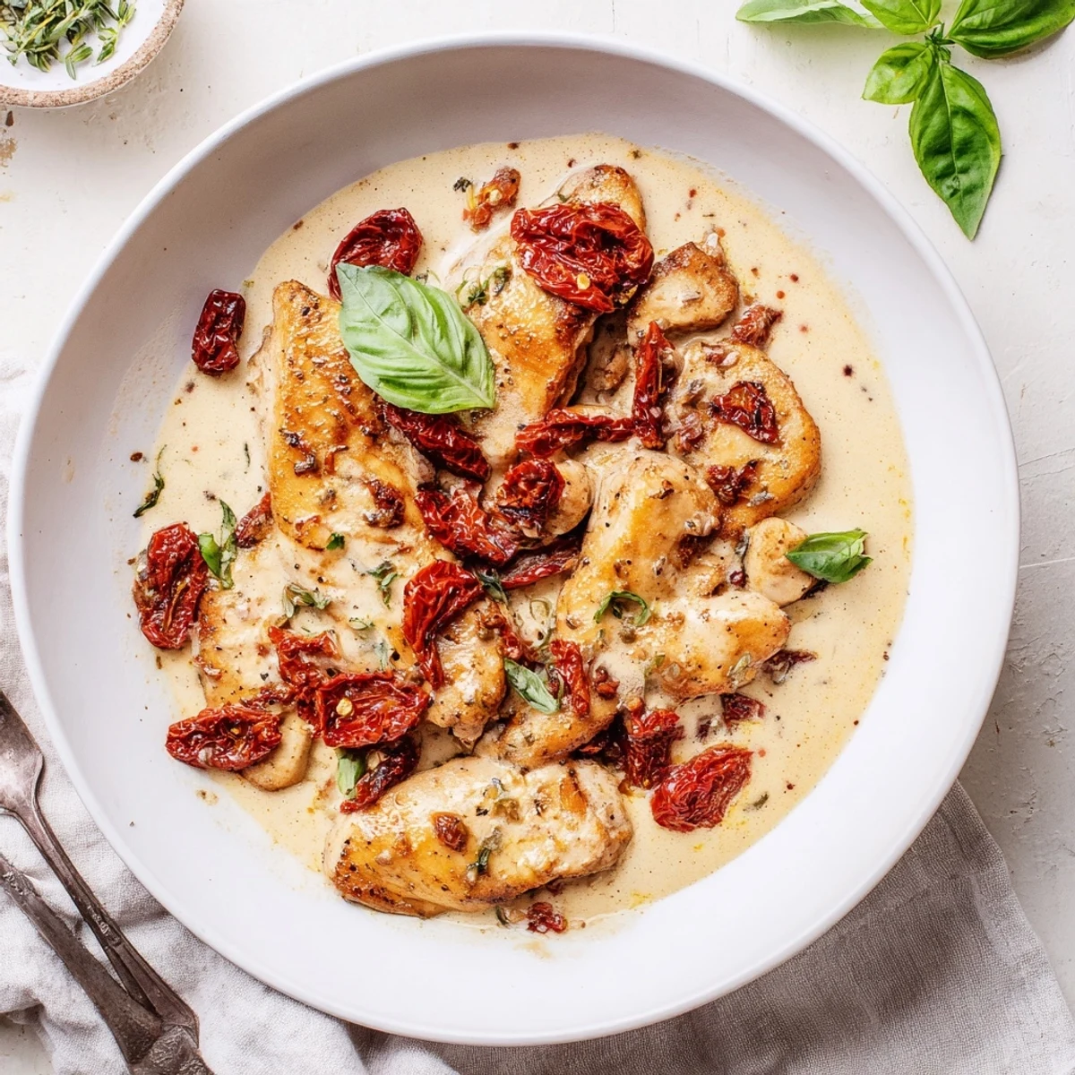 Juicy high protein marry me chicken garnished with fresh basil and served hot