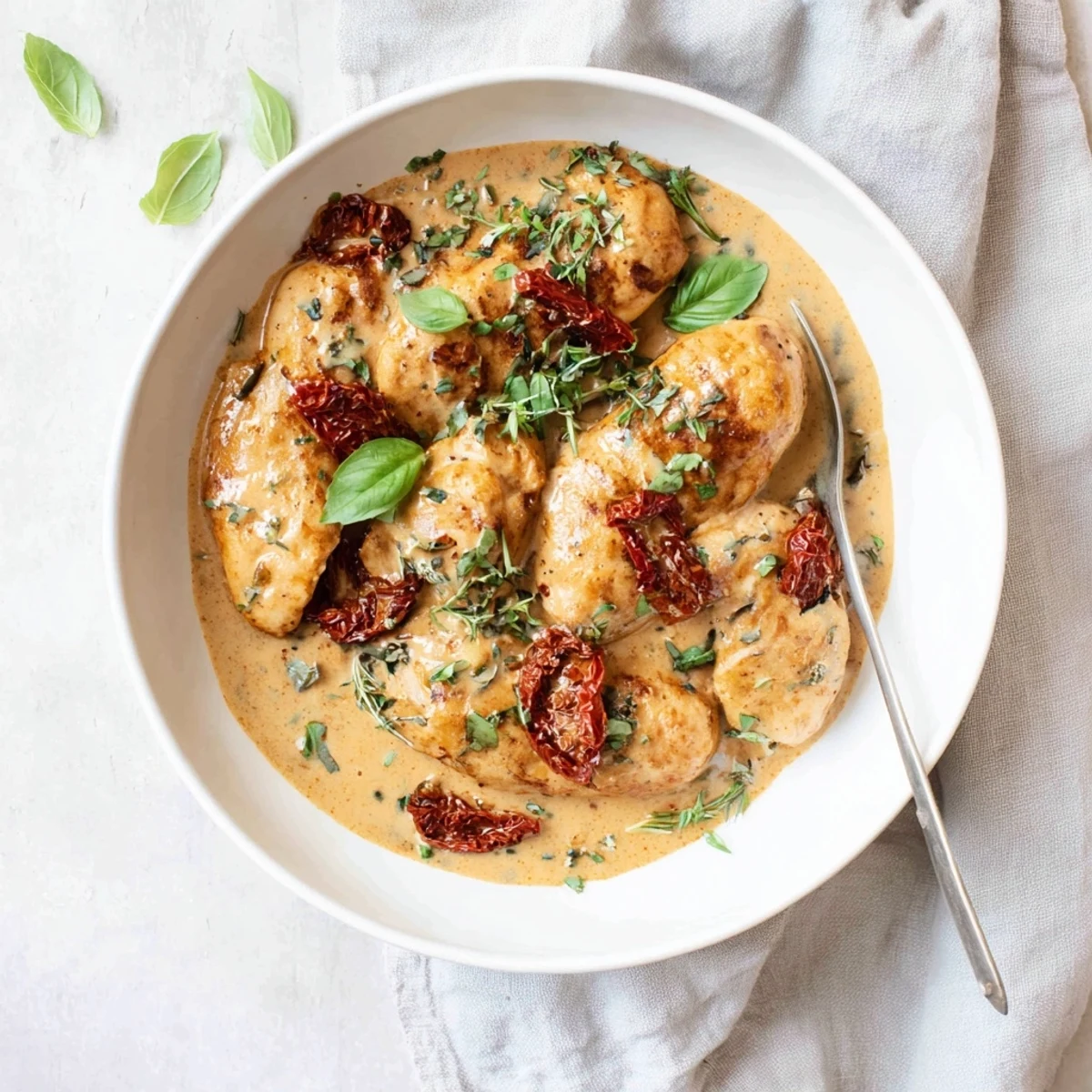 Golden brown chicken breasts nestled in a rich, creamy sun-dried tomato parmesan sauce