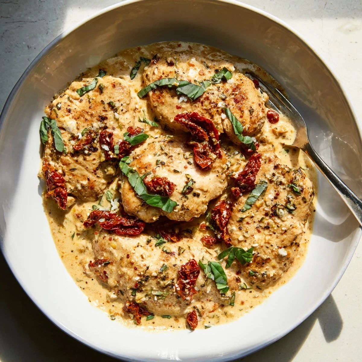 Creamy skillet chicken simmering with sun-dried tomatoes in a protein-packed parmesan sauce