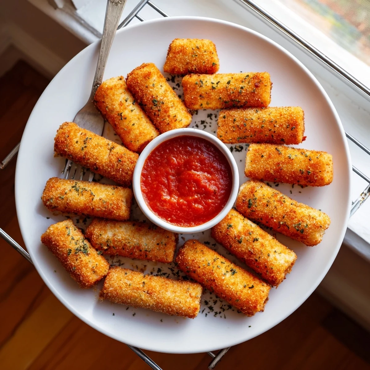 Golden brown crispy baked mozzarella sticks arranged on wire rack with marinara dipping sauce
