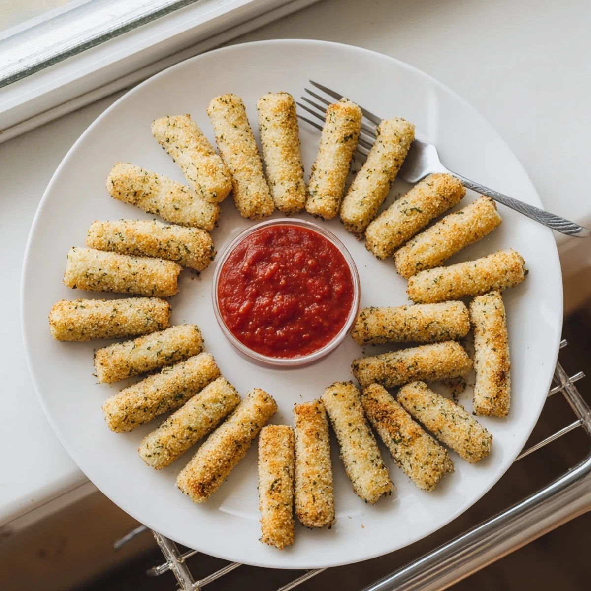 Homemade crispy baked mozzarella sticks fresh from oven with perfectly toasted exterior and warm center