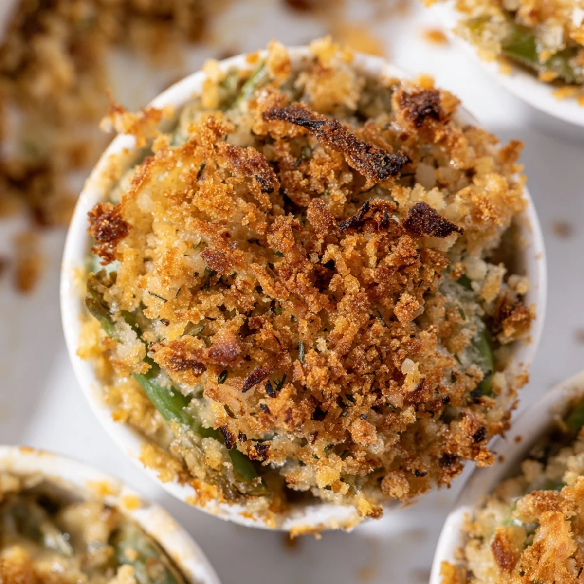Golden brown garlic parmesan green bean casserole cups with crispy breadcrumb topping baked in muffin tins