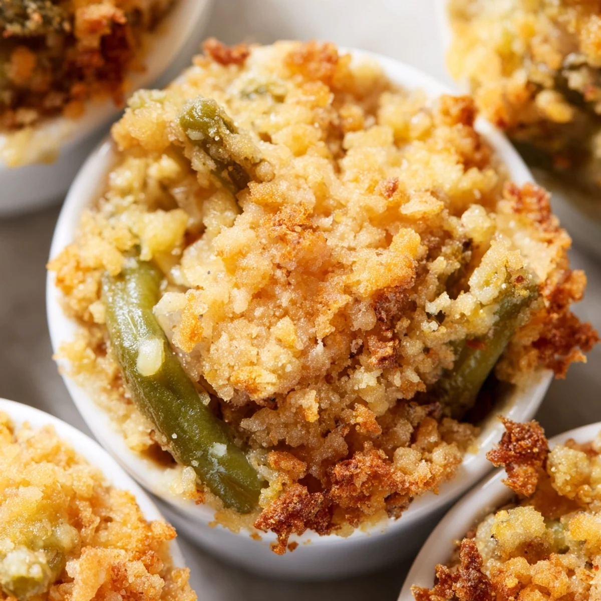 Savory garlic parmesan green bean casserole cups fresh from oven with golden crispy topping