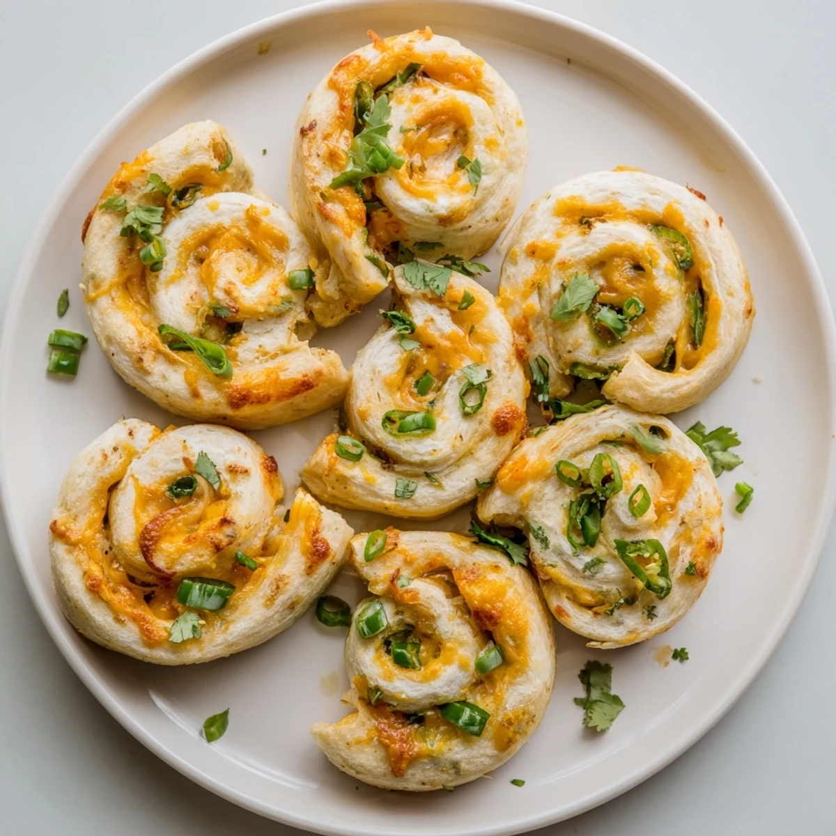 Golden baked jalapeno popper pinwheels spiraled with creamy cheese filling and fresh chopped peppers