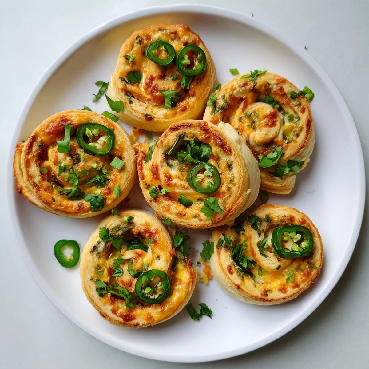 Flour tortilla pinwheels rolled with melted cheddar, cream cheese, and diced jalapeños, baked until bubbly