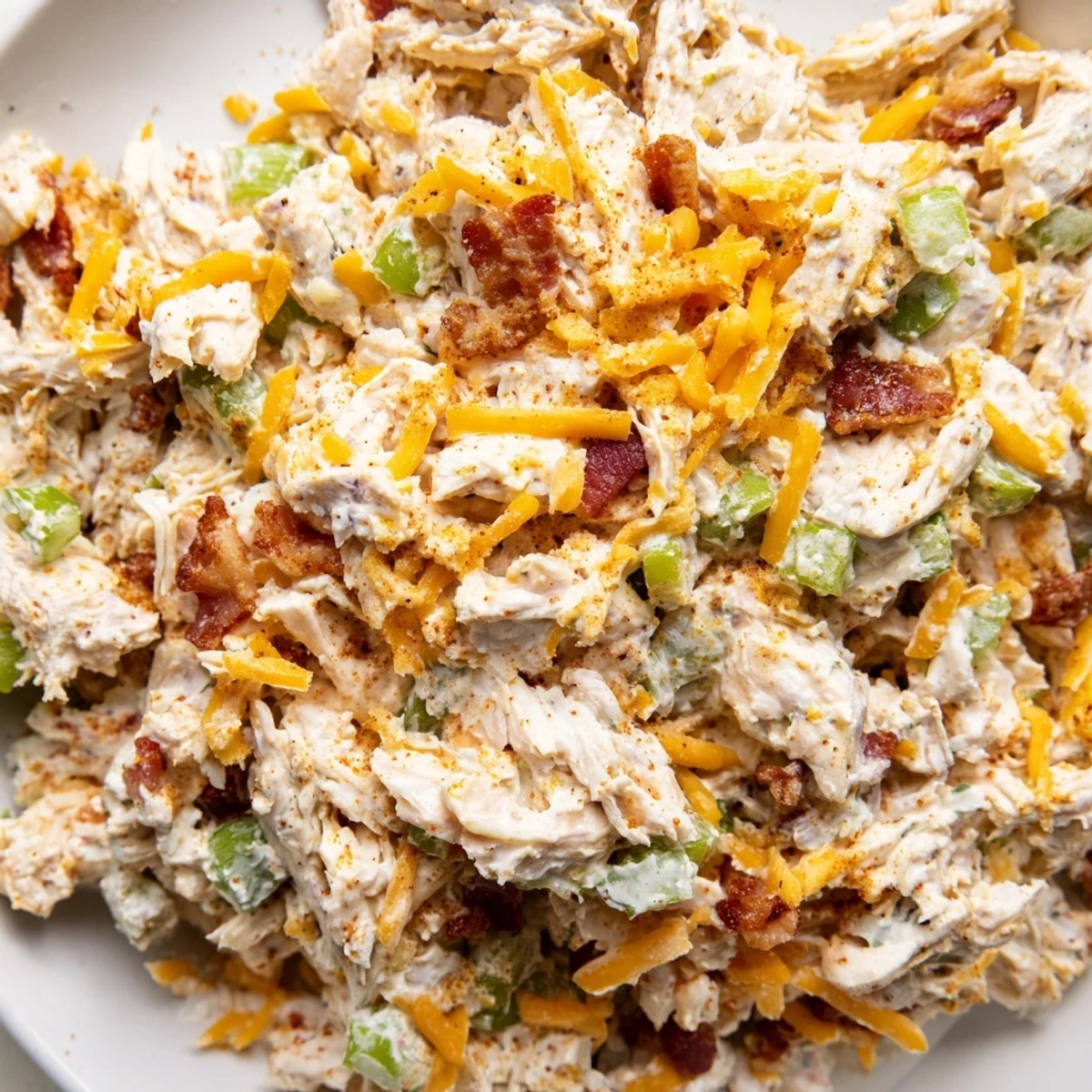 Creamy jalapeno popper keto chicken salad topped with crispy bacon crumbles and fresh green onion