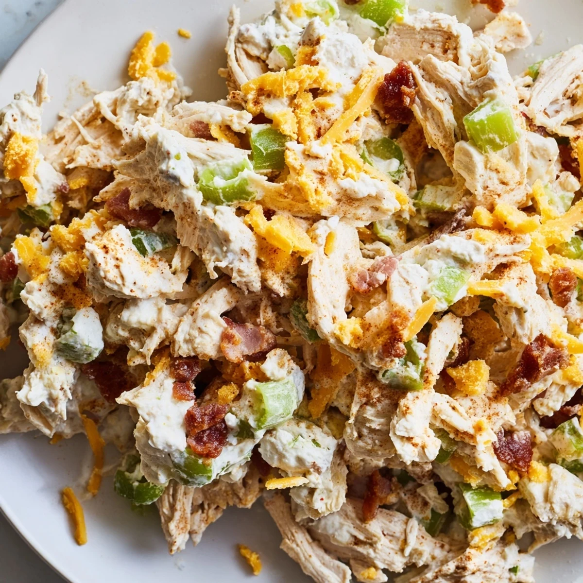 Bowl of low carb chicken salad with diced jalapenos, cheddar cheese, and smoky bacon pieces