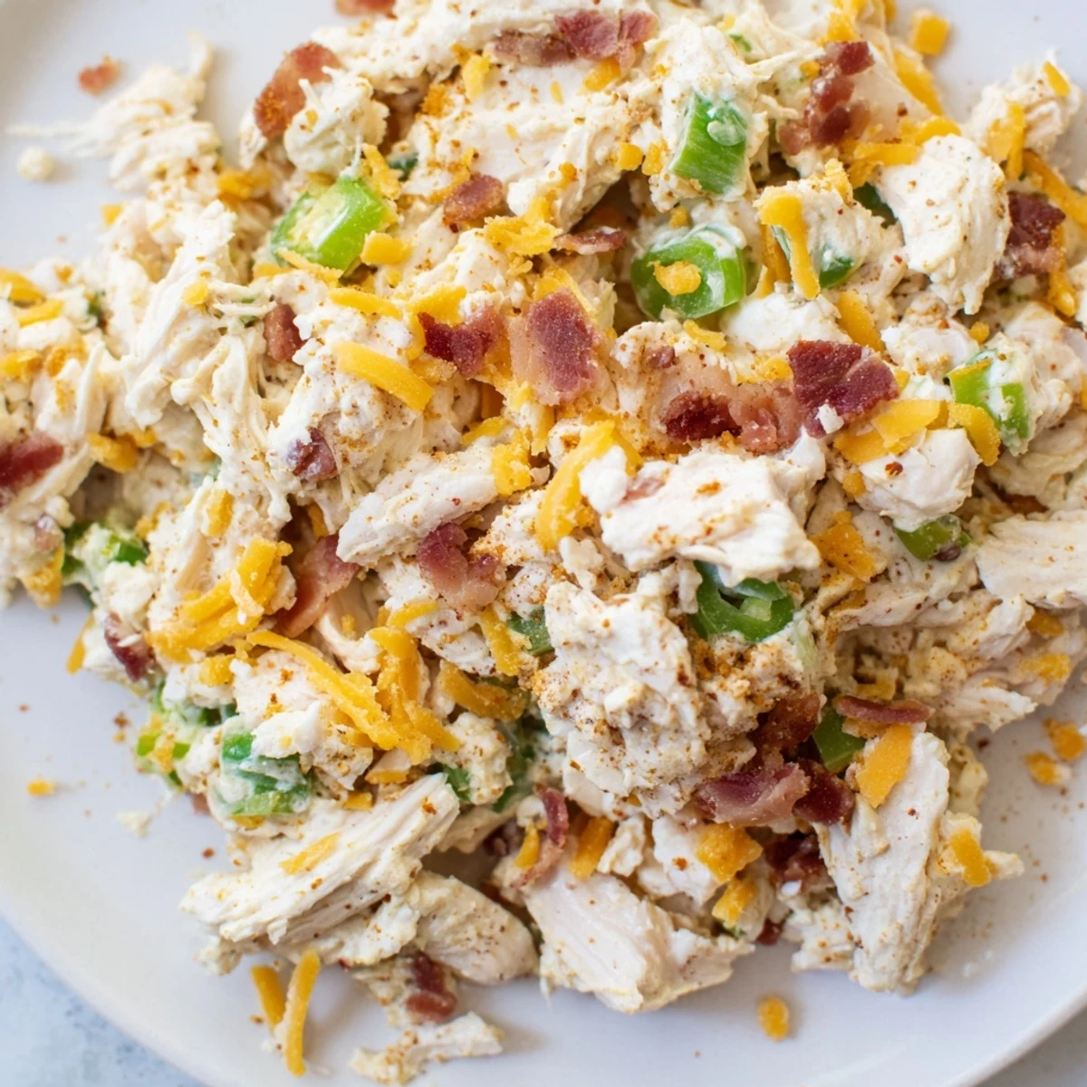 Spicy keto chicken salad served chilled with crunchy celery, jalapeno peppers, and shredded cheddar cheese