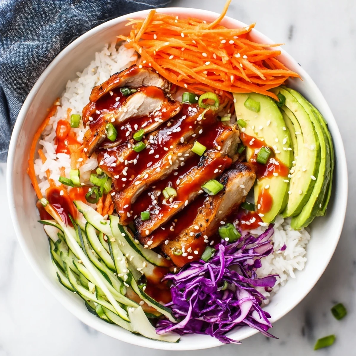 Korean BBQ Chicken Bowl featuring charred grilled chicken over fluffy rice with colorful vegetables and spicy gochujang mayo drizzle