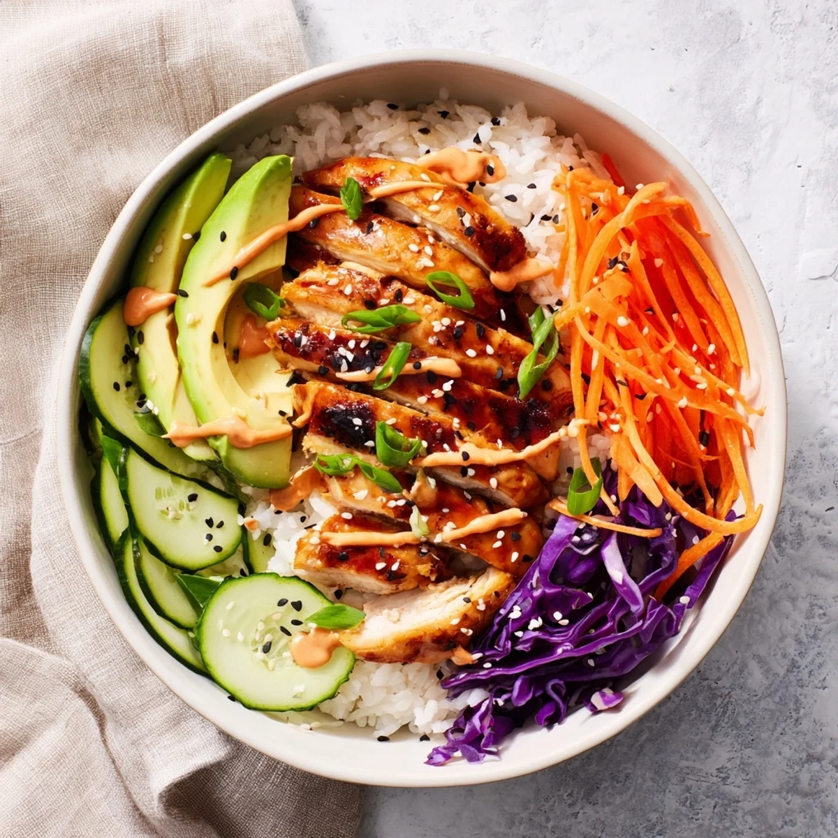 Savory Korean BBQ Chicken Bowl showcasing marinated thighs atop jasmine rice with fresh veggie toppings and creamy spicy mayo